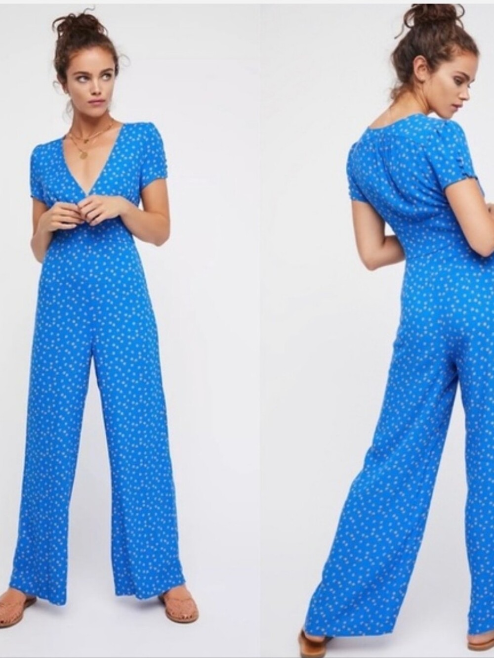 Free People Blue V-Neck Wide-Leg Jumpsuit with Peach Dot Print